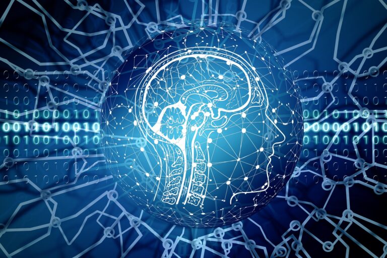 Illustration composée de suites de 1 et de 0 et de circuits rejoignant le centre de l'image où on peut distinguer un cerveau à l'intérieur d'une tête, le tout parsemé de points reliés les uns aux autres comme un système neuronal ou comme un réseau informatique