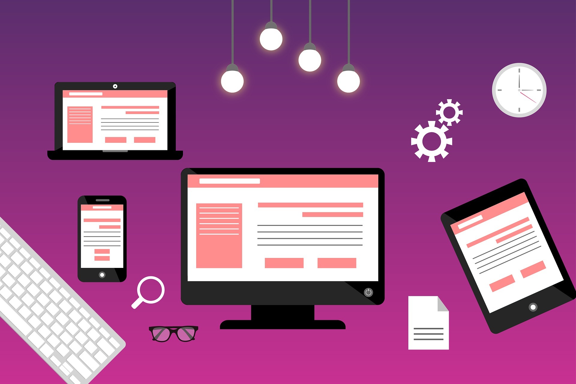 Illustration d'une composition informatique diffusée sur 4 écrans de tailles différentes et s'adaptant à son support. L'image comporte également un clavier, une paie de lunettes, une loupe, des engrenages, une horloge et des ampoules lumineuses qui pendent d'en haut