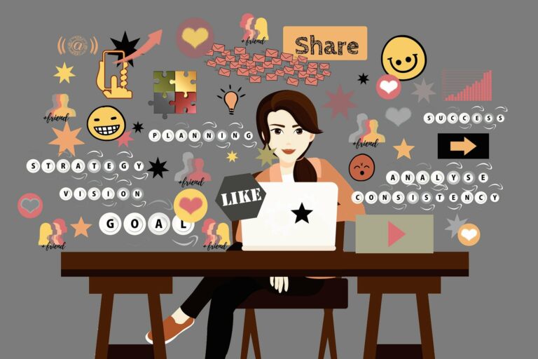 Illustration d'une femme au travail à son bureau avec un ordinateur ouvert. Les mots "friend, share, success, planning, strategy, vision, like, analyse, consistency" recouvrent l'image ainsi que des logos évoquant l'informatique et les relations sociales