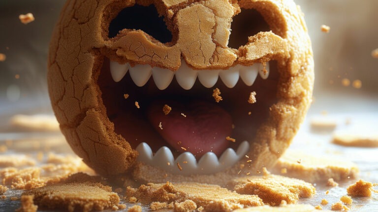 Illustration d'un cookie souriant et muni de grandes dents qui avale tout sur son passage