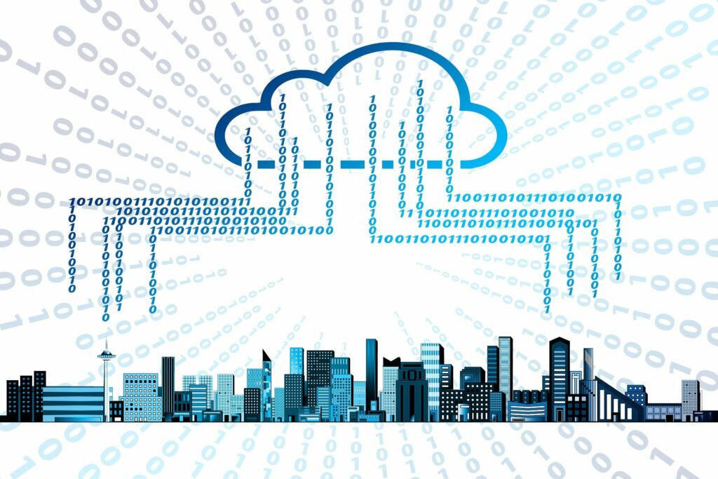 Illustration d'un nuage gigantesque au-dessus d'une ville. Toutes les données semblent s'envoler de la ville et arriver de toutes parts pour former ce gros nuage seul dans le ciel