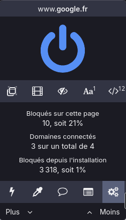 Vue le panneau de contrôle de uBlock Origine concernant le site www.google.fr. Il est indiqué que 10 requêtes ont été bloquées, ce qui représente 21% du contenu. Des icônes permettent d'accéder à des options complémentaires.