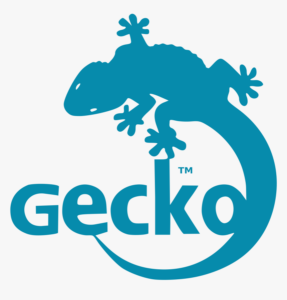 Logo de Gecko représentant un lézard bleu, pattes écartées et dont chaque doigt est bien visible. Sa queue entoure les lettres Gecko.