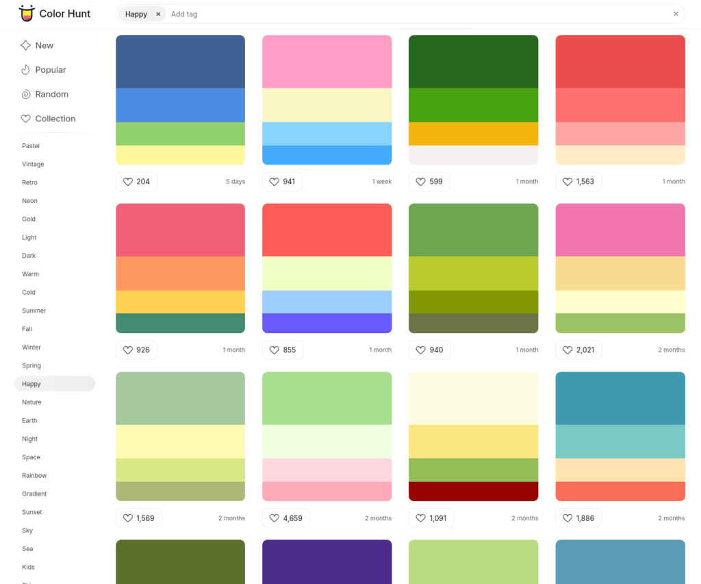 Copie d'écran du site ColorHunt.co présentant des tuiles composées de 4 couleurs assorties. Chaque tuile comporte également une information sur le nombre de "coeurs" déposés par la communauté ainsi que la date à laquelle la tuile a été créée. Sur la gauche, un menu permet de filtrer avec des tags. Le tag "Happy" est sélectionné.