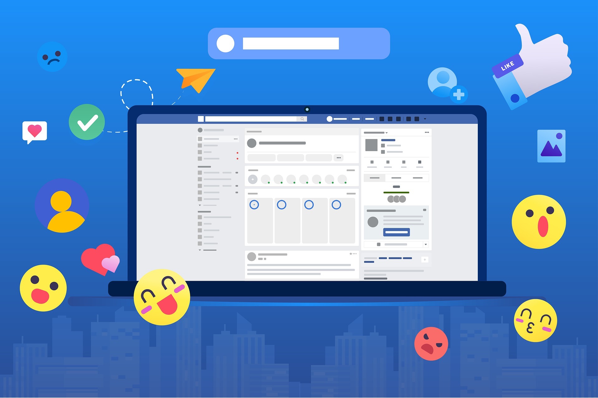 Illustration présentant un ordinateur portable allumé affichant une page ressemblant à Facebook. Aucun texte ou image n'est visible, tout est suggéré. Des émojis, pouces, messages, coeurs et autres symboles des réseaux sociaux gravitent autour de l'ordinateur sur un fond bleu qui évoque le ciel au-dessus d'une ville dont les immeubles sont perceptibles dans le lointain.